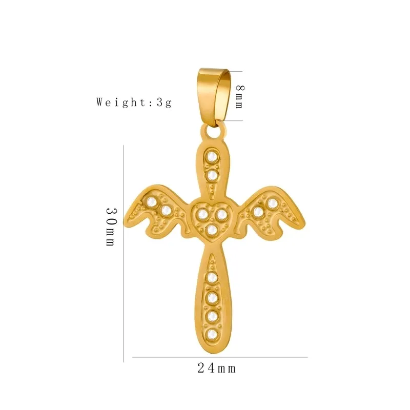 1 Piece 304 Stainless Steel Rhinestones 18K Gold Plated Cross Moon Butterfly Polished Pendant