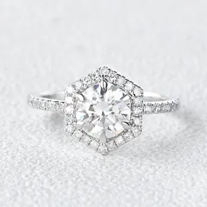 1.0ct Hexagon Moissanite Classic Halo Geometric Ring