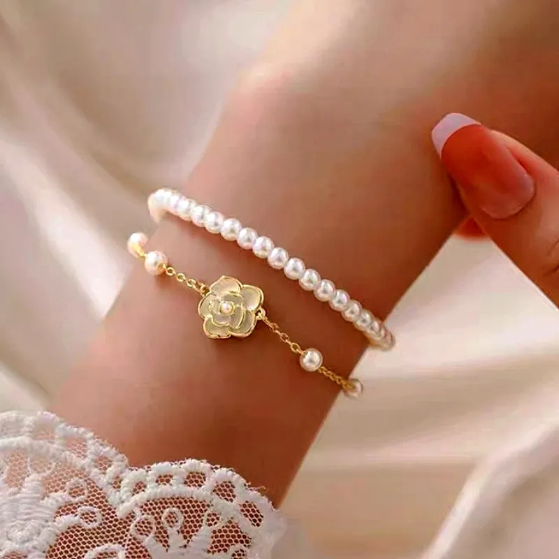 14K Gold-plated Exquisite Pearl Camellia Double-Layer Bracelets