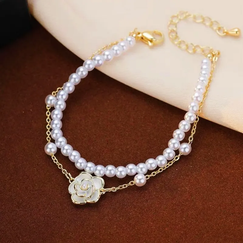 14K Gold-plated Exquisite Pearl Camellia Double-Layer Bracelets