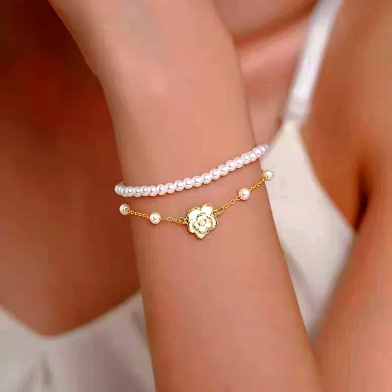 14K Gold-plated Exquisite Pearl Camellia Double-Layer Bracelets