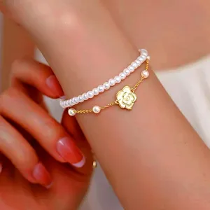 14K Gold-plated Exquisite Pearl Camellia Double-Layer Bracelets