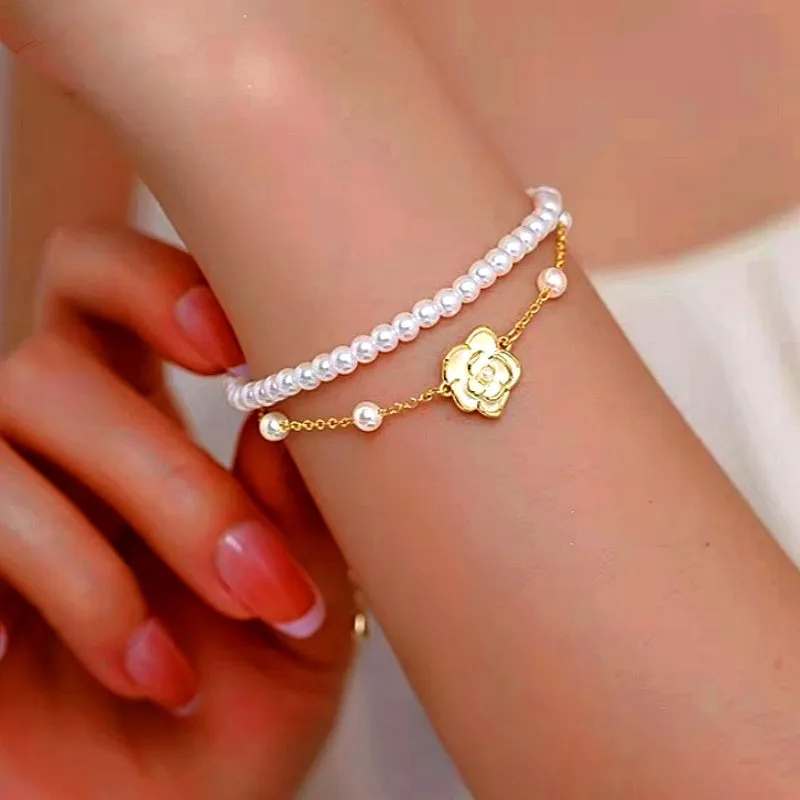 14K Gold-plated Exquisite Pearl Camellia Double-Layer Bracelets