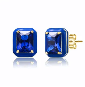 14k Gold Plated with Sapphire Blue Cubic Zirconia Radiant Blue Enamel Halo Stud Earrings