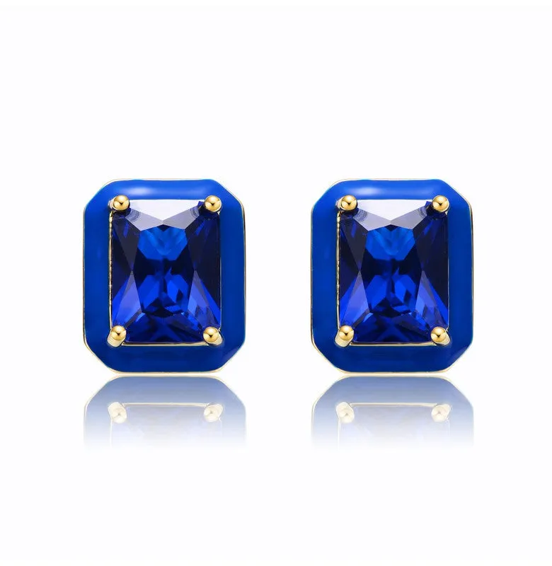 14k Gold Plated with Sapphire Blue Cubic Zirconia Radiant Blue Enamel Halo Stud Earrings