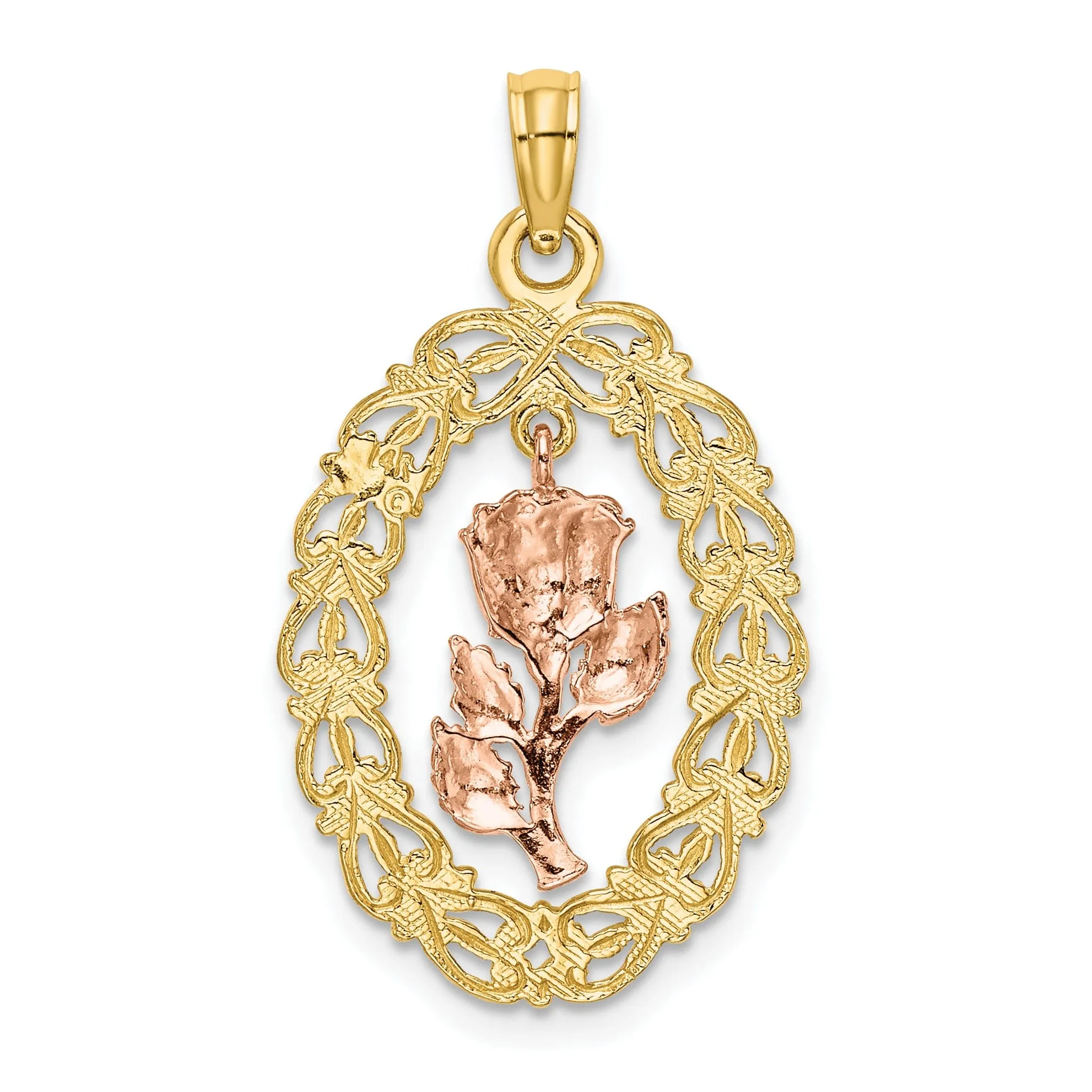 14k Two-Tone Gold Textured Back Solid Polished Finish Oval Frame Dangling Rose Charm Pendant