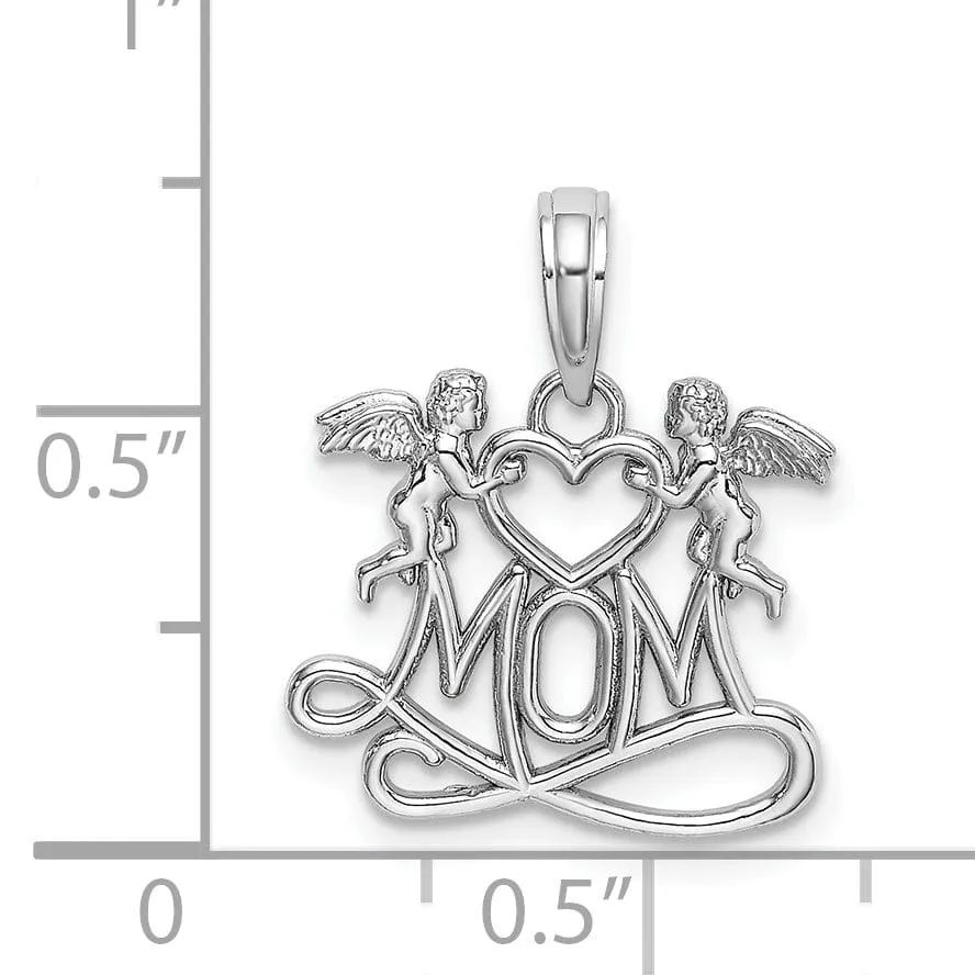 14K White Gold Polished Finish MOM with 2 Angels Holding Heart Design Charm Pendant