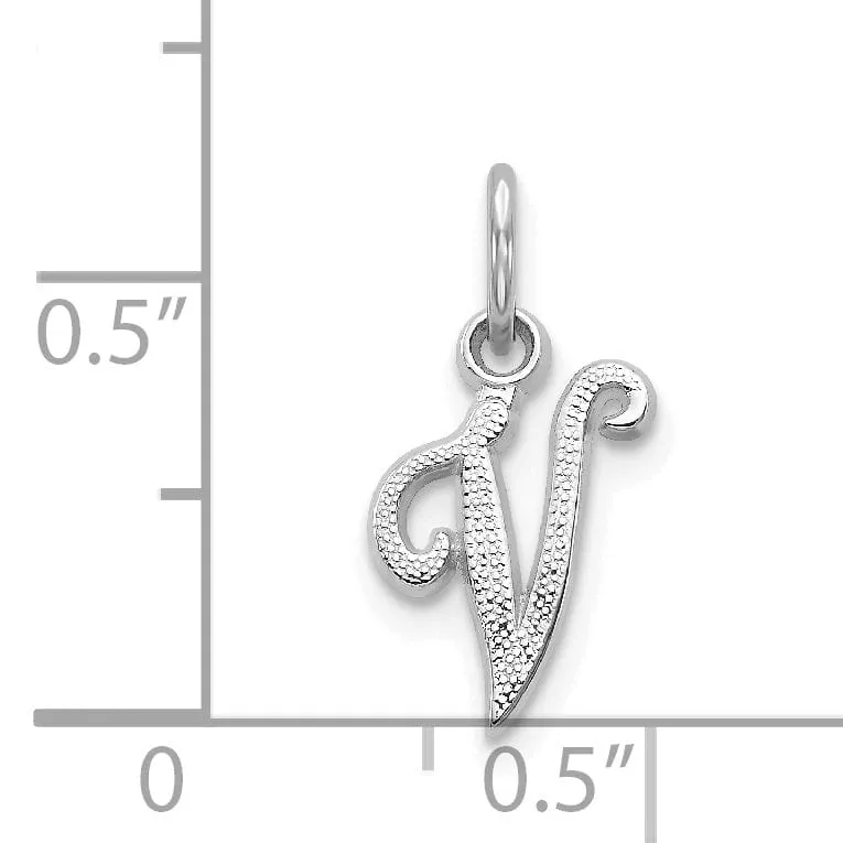 14K White Gold Small Size Casted Script Design Letter V Initial Charm Pendant