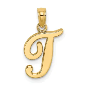 14K Yellow Gold Fancy Script Design Letter T Initial Charm Pendant