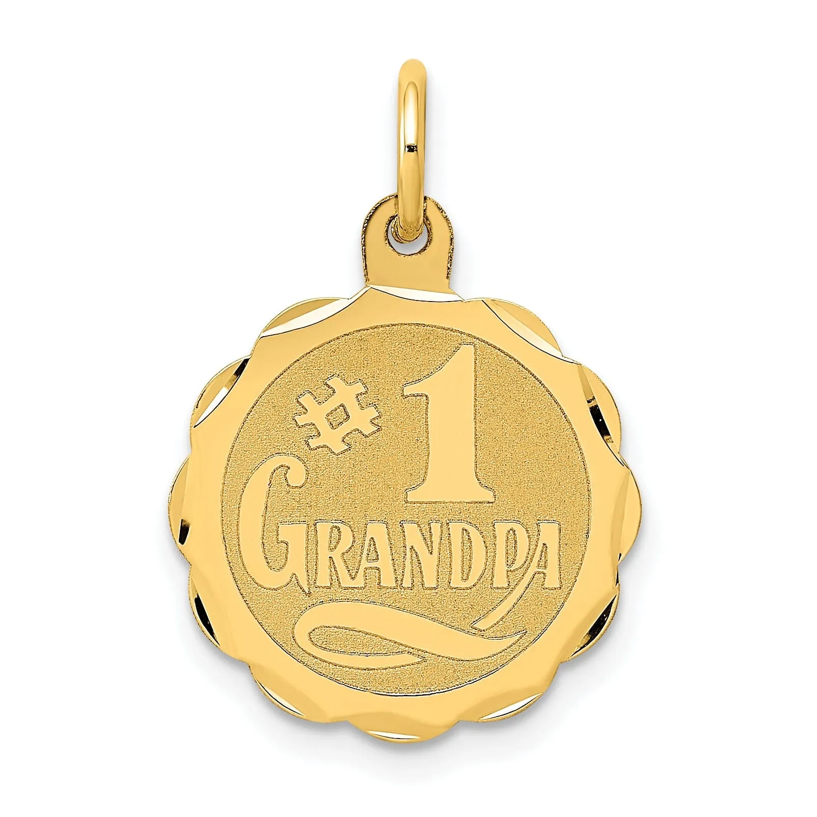 14K Yellow Gold Flat Back Polished Brushed Finish Round Shape with Lace Trim Design #1 GRANDPA Charm Pendant