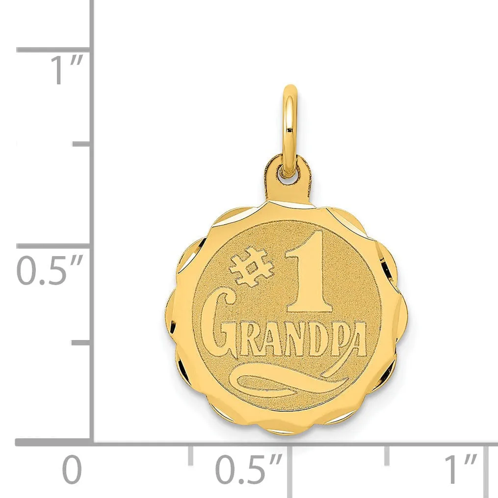 14K Yellow Gold Flat Back Polished Brushed Finish Round Shape with Lace Trim Design #1 GRANDPA Charm Pendant