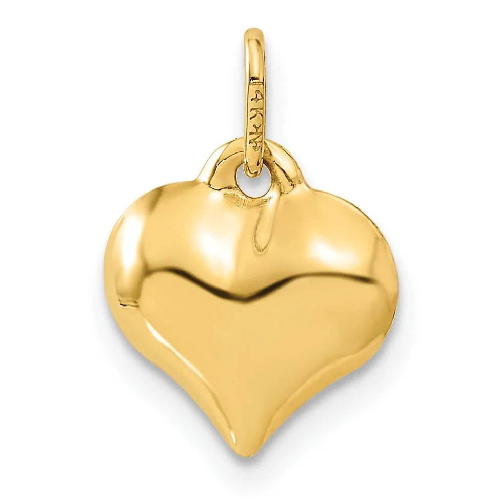 14K Yellow Gold Hollow Diamond Cut Polished Finish 3-Dimensional Fancy Puffed Heart Charm Design Pendant