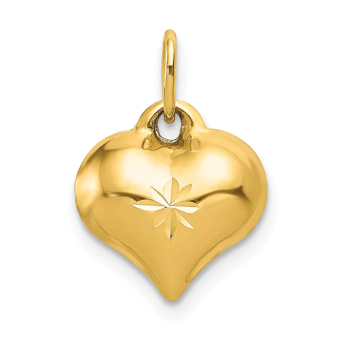 14K Yellow Gold Hollow Diamond Cut Polished Finish 3-Dimensional Fancy Puffed Heart Charm Design Pendant