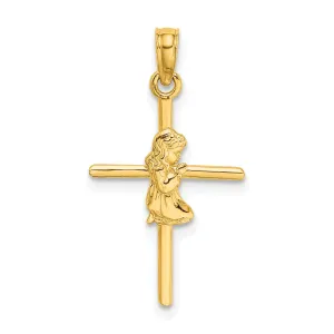 14k Yellow Gold Polished Finish Concave Praying Girl on Cross Pendant