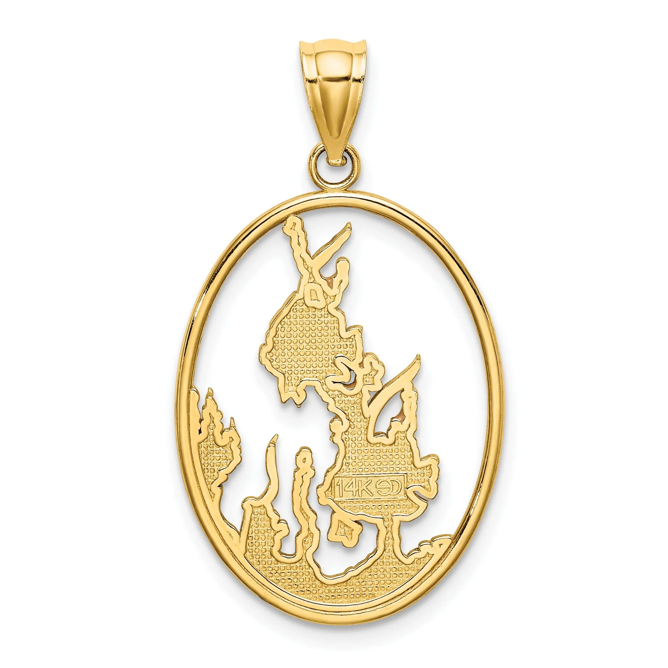 14K Yellow Gold Polished Mutli-Color  Enamel Finish Oval Shape Angelfish In Underwater Scene Charm Pendant