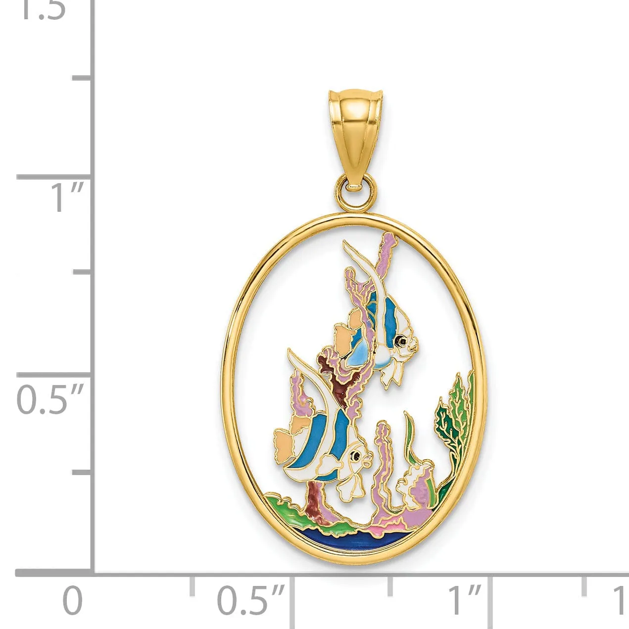 14K Yellow Gold Polished Mutli-Color  Enamel Finish Oval Shape Angelfish In Underwater Scene Charm Pendant