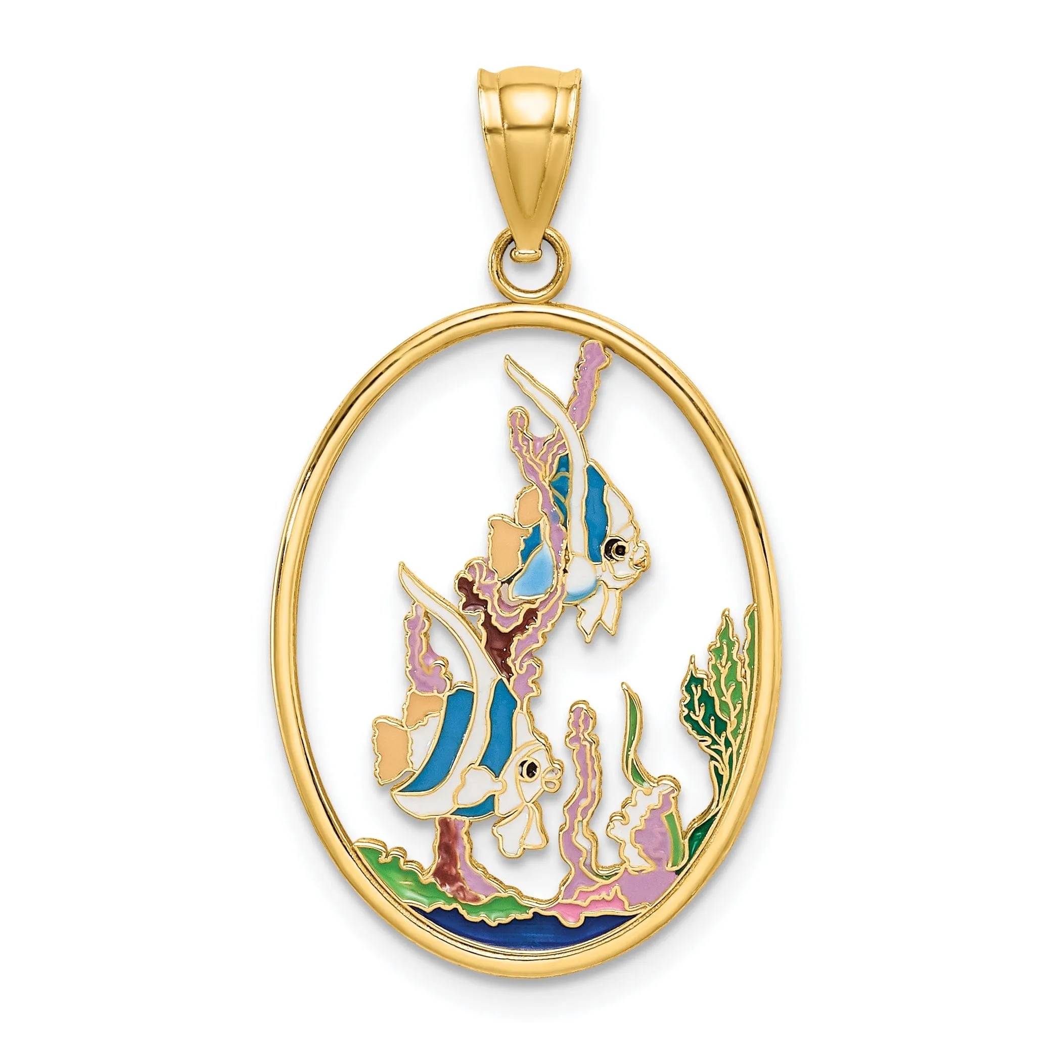 14K Yellow Gold Polished Mutli-Color  Enamel Finish Oval Shape Angelfish In Underwater Scene Charm Pendant