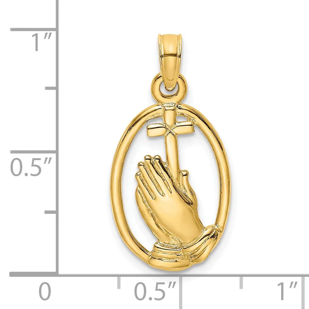 14K Yellow Gold Praying Hands holding Cross In Oval Design Pendant