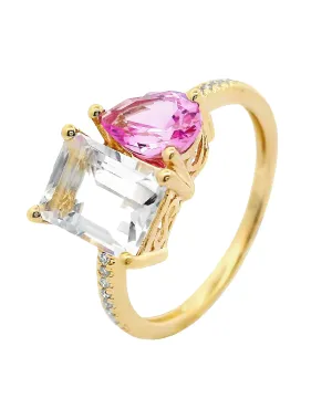 14K Yellow Gold Ring with Pink Corrundum and White Topaz