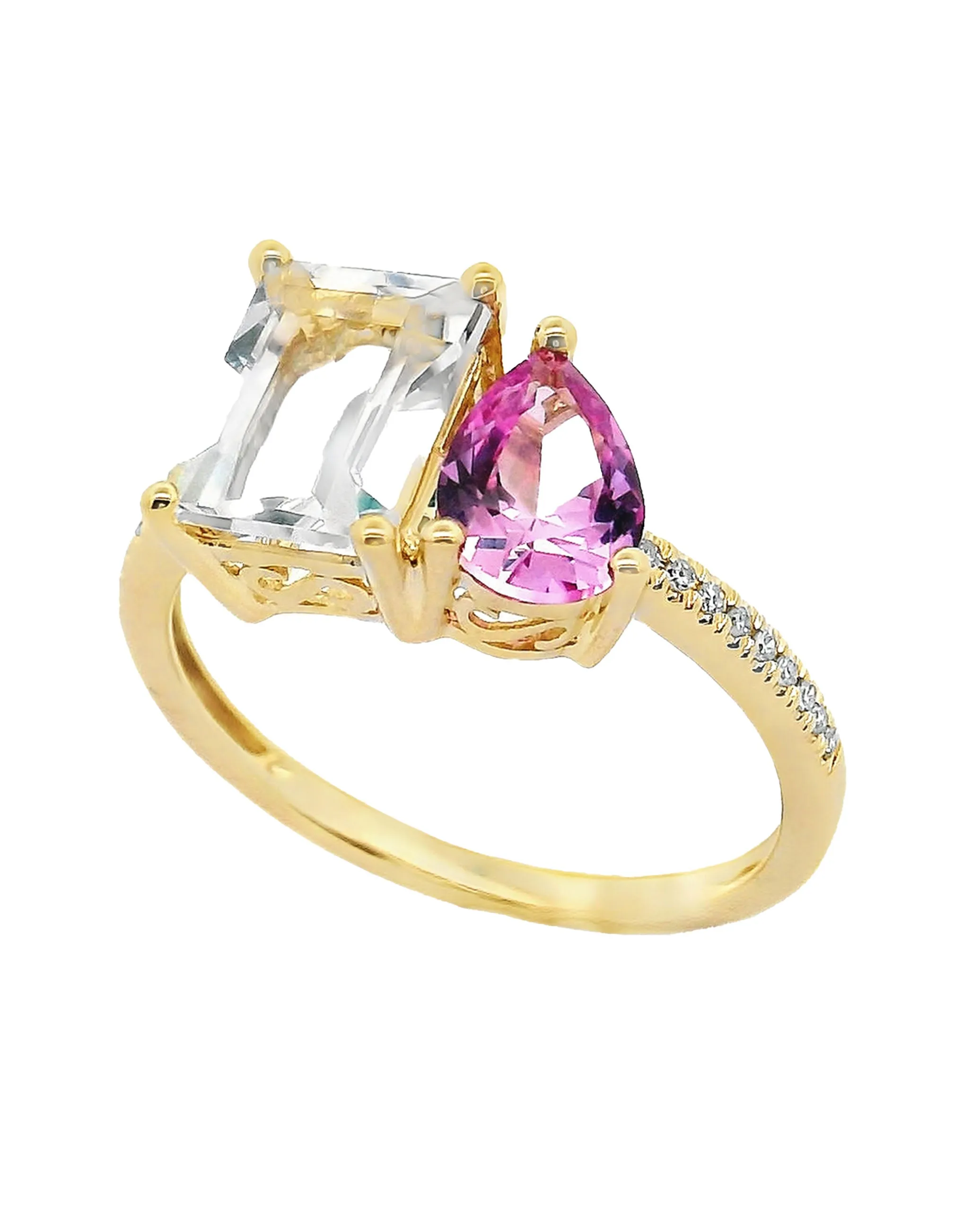 14K Yellow Gold Ring with Pink Corrundum and White Topaz