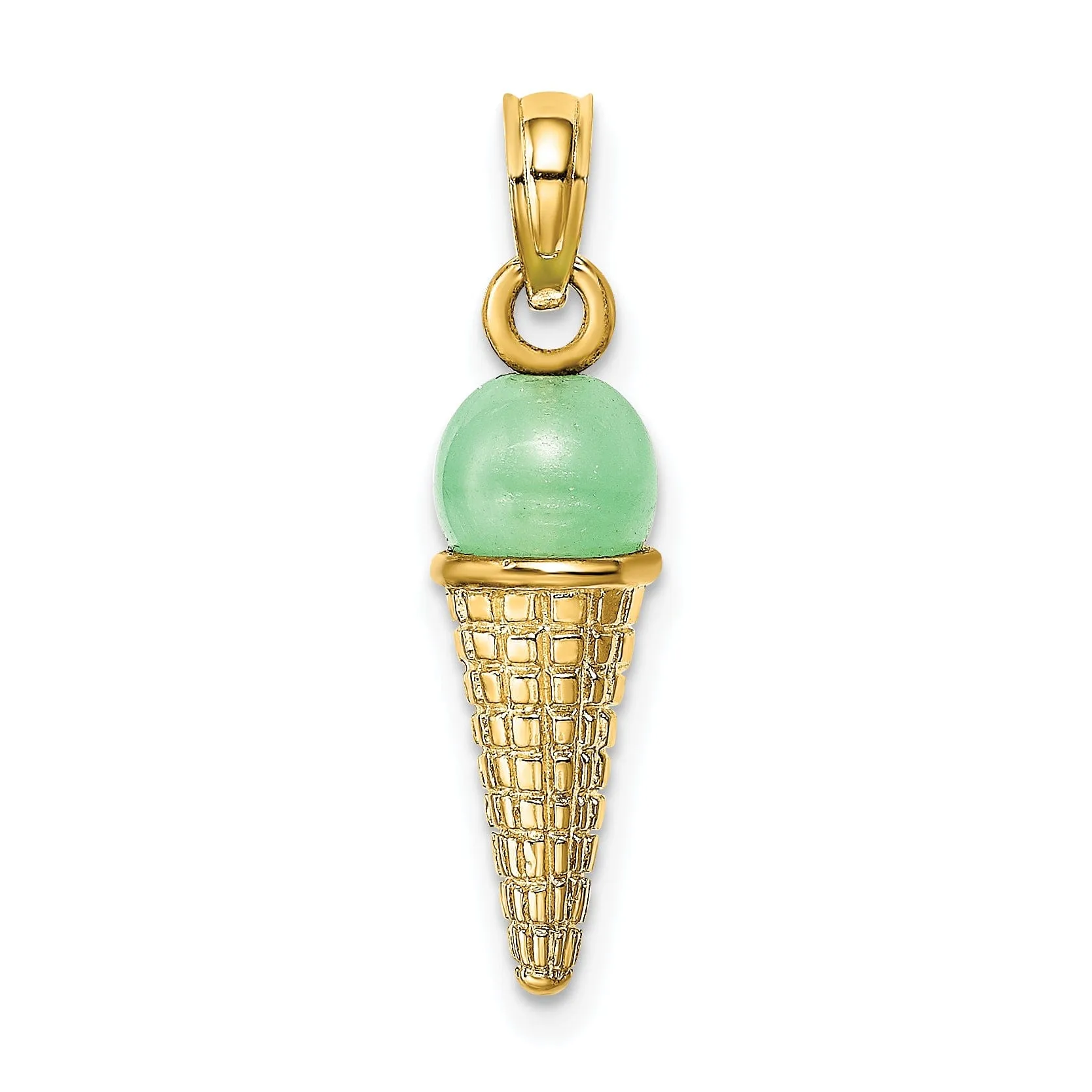 14K Yellow Gold Satin Polished Finish 3-Dimensional with Green Bead Ice Cream Cone Charm Pendant