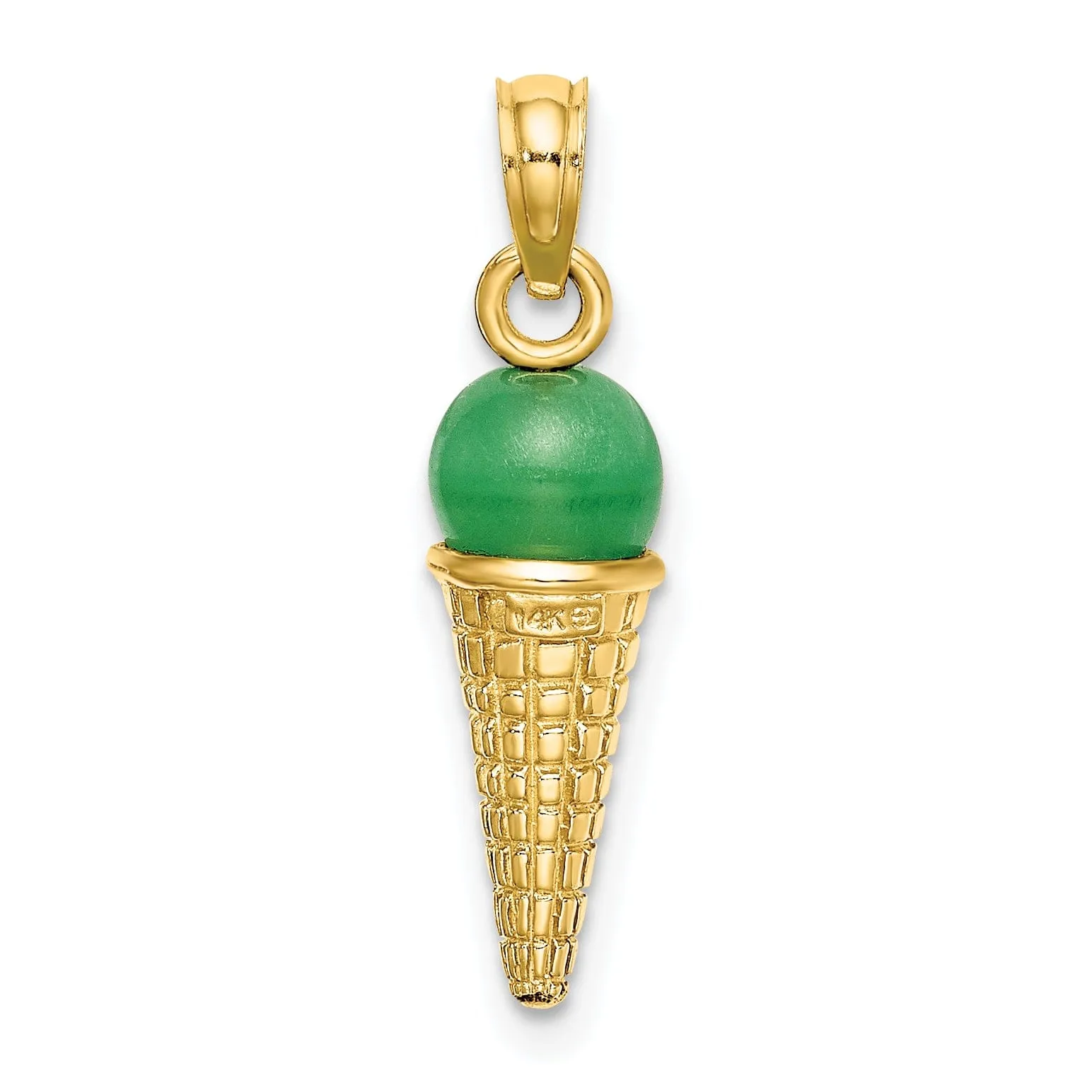 14K Yellow Gold Satin Polished Finish 3-Dimensional with Green Bead Ice Cream Cone Charm Pendant