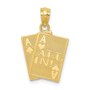 14k Yellow Gold Solid Texture Polished Finish Ace of Hearts and Ace of Spades ALL IN! Cards Charm Pendant