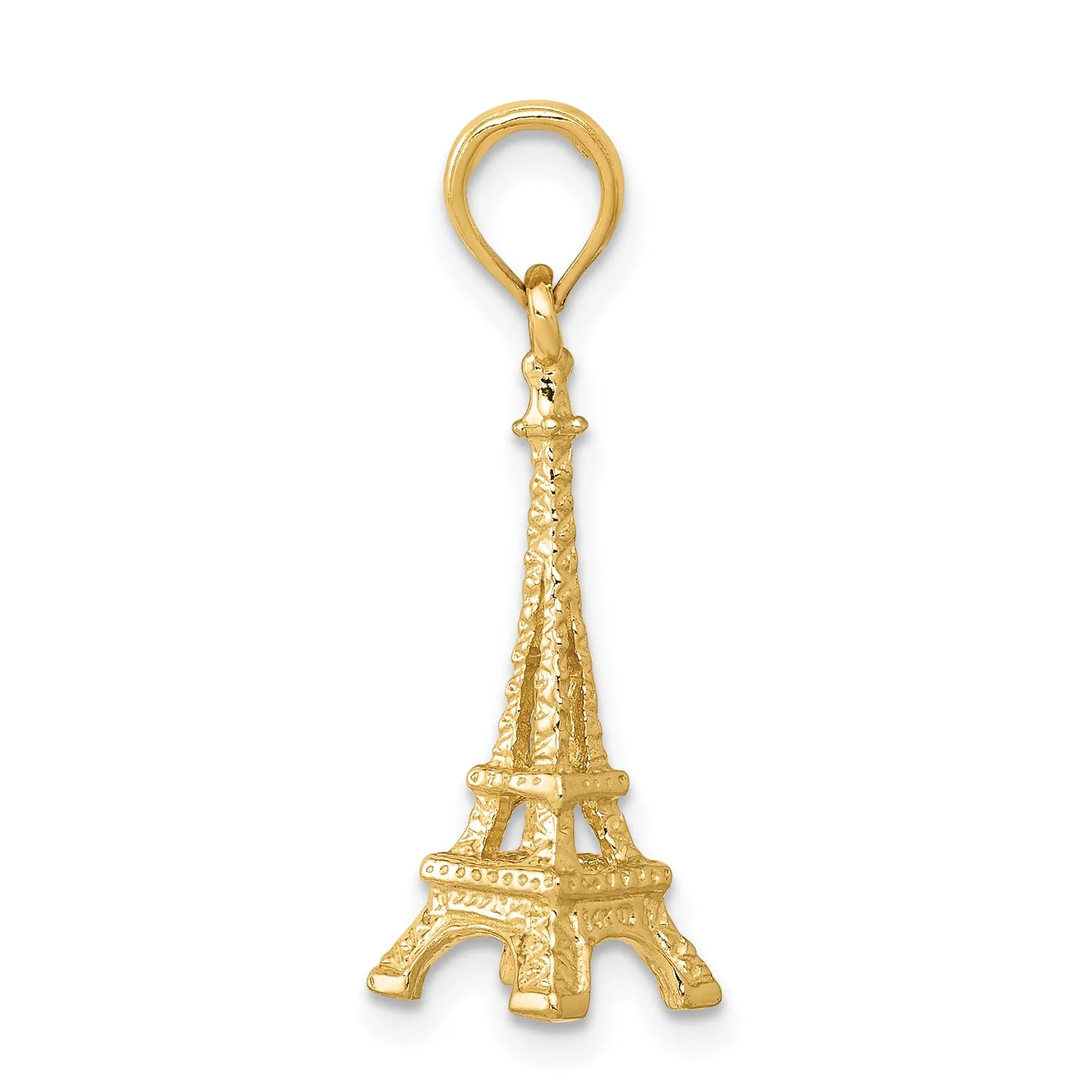 14k Yellow Gold Texture Polished Finished Solid 3-Dimensional Eiffel Tower Charm Pendant