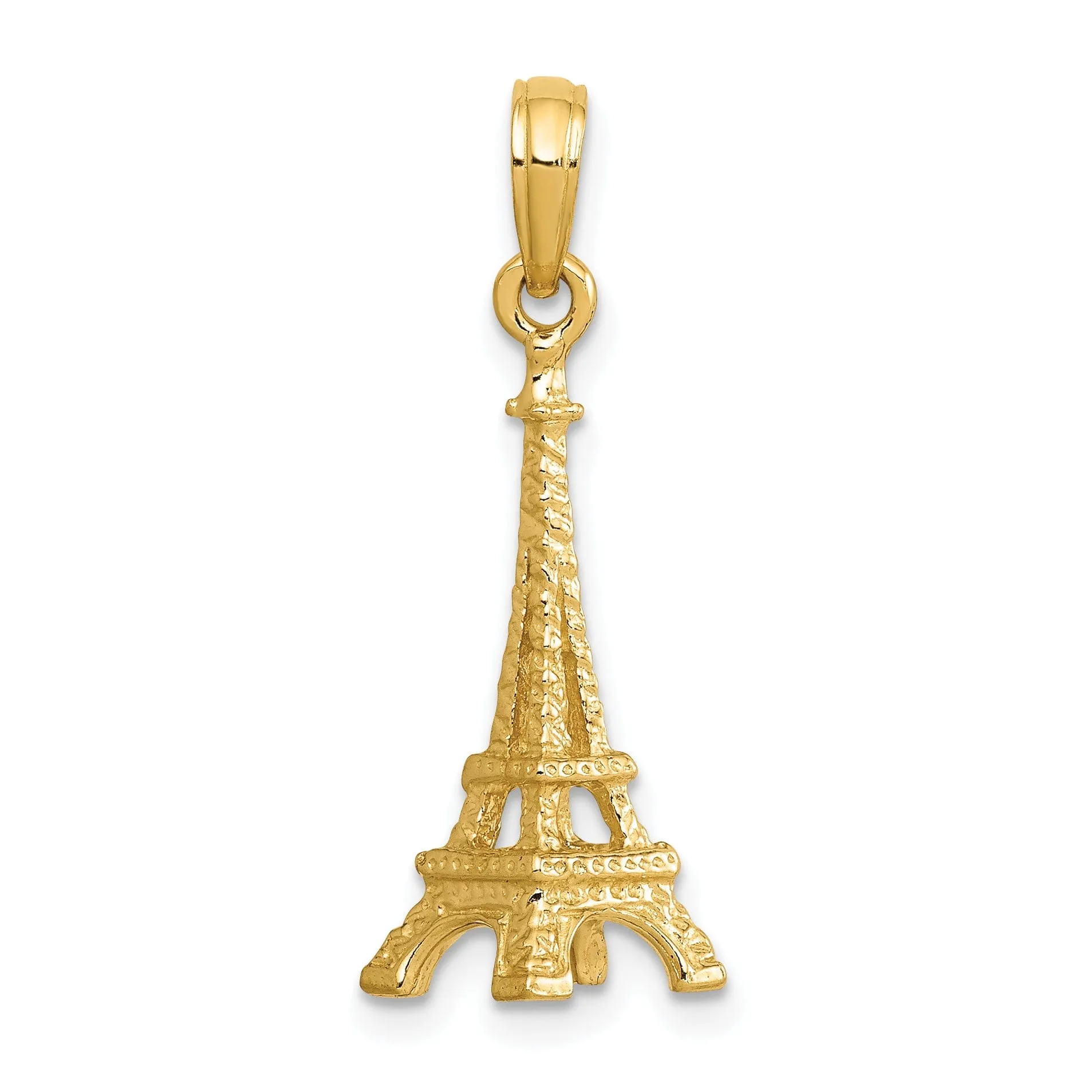 14k Yellow Gold Texture Polished Finished Solid 3-Dimensional Eiffel Tower Charm Pendant