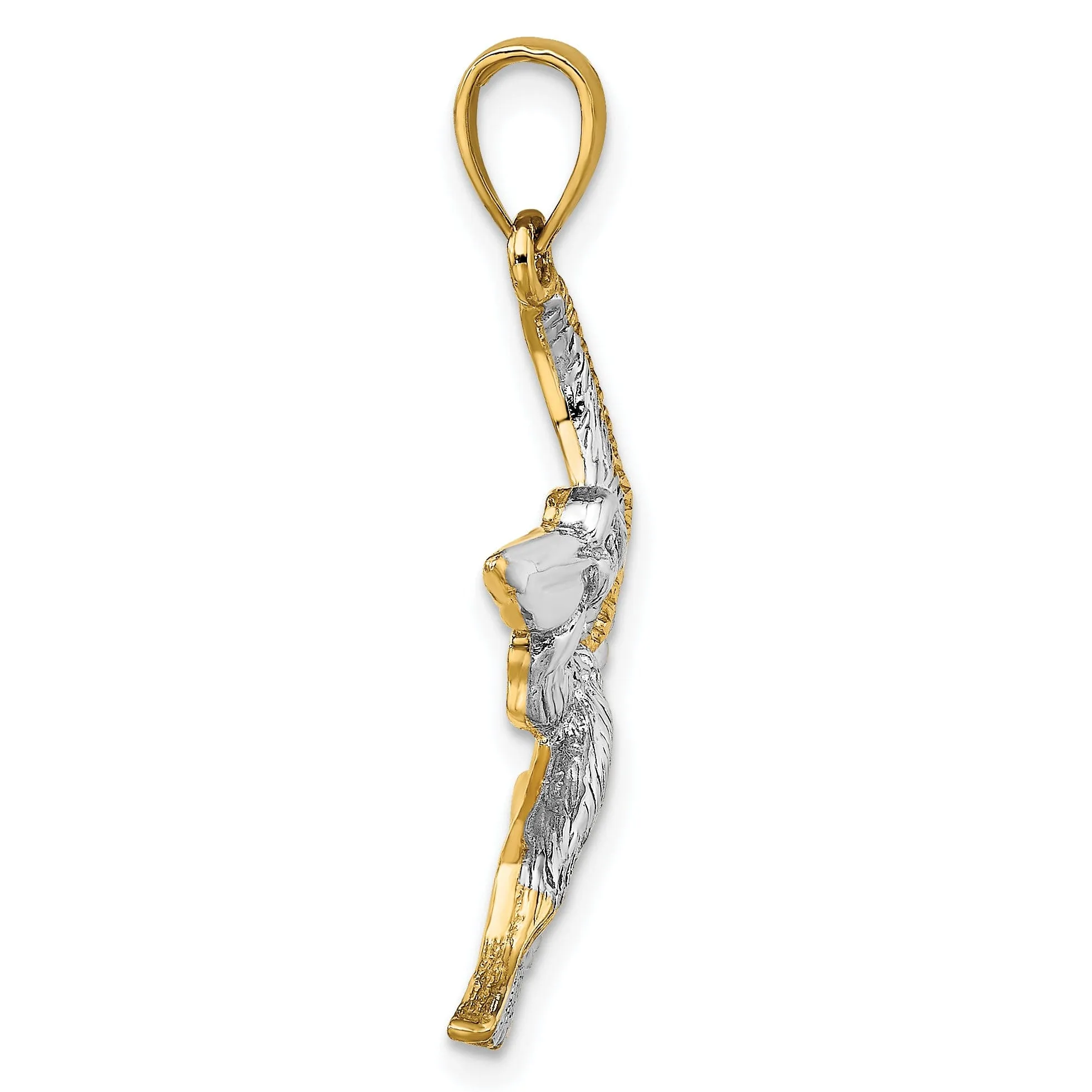 14K Yellow Gold White Rhodium Polished Texture Finish Pelican in Flight Charm Pendant