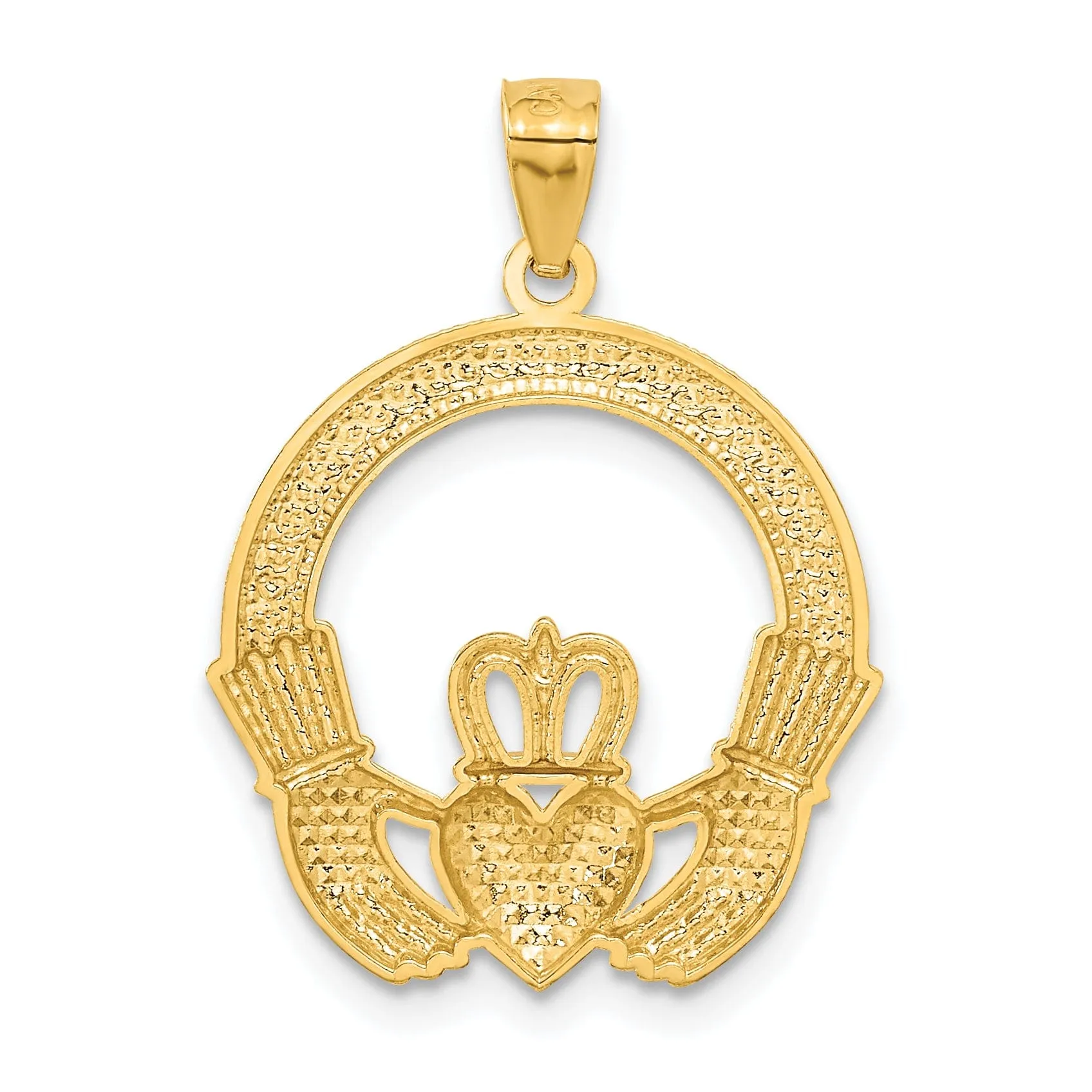 14k Yellow Gold White Rhodium Textured Polished Finished Solid Mens Claddagh Design Charm Pendant