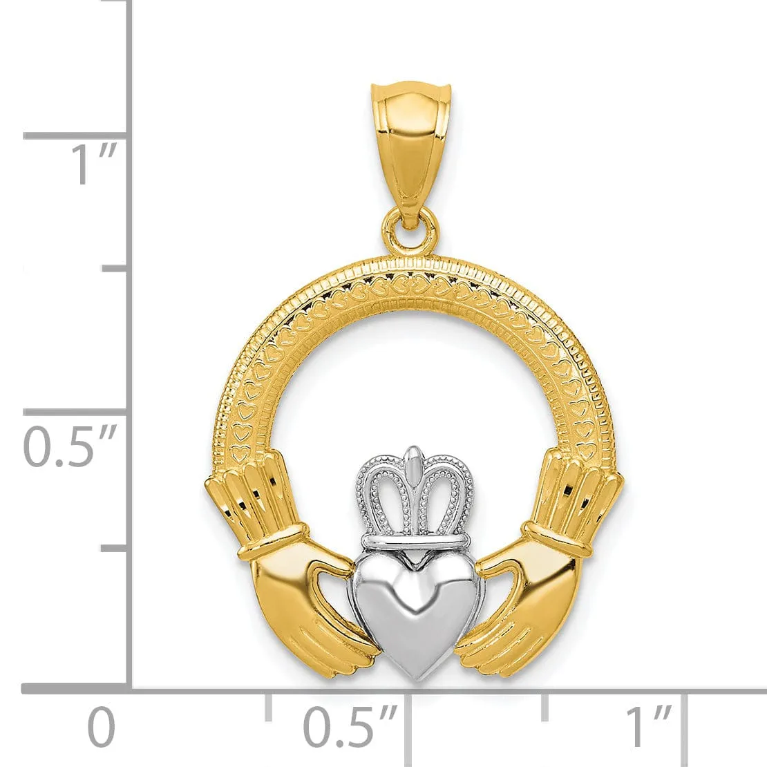 14k Yellow Gold White Rhodium Textured Polished Finished Solid Mens Claddagh Design Charm Pendant