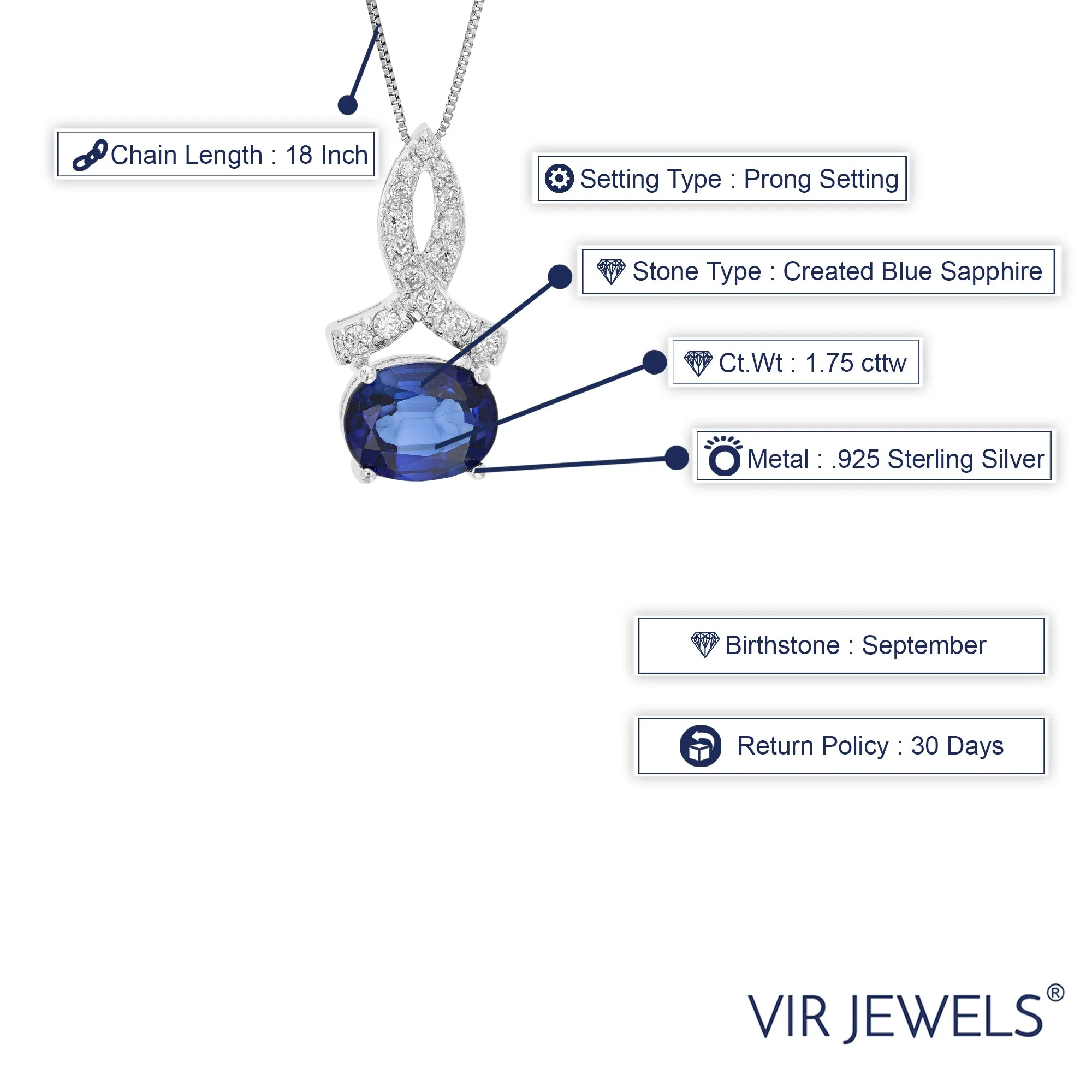 1.75 cttw Pendant Necklace, Created Sapphire Oval Pendant Necklace for Women in .925 Sterling Silver with Rhodium, 18 Inch Chain, Prong Setting