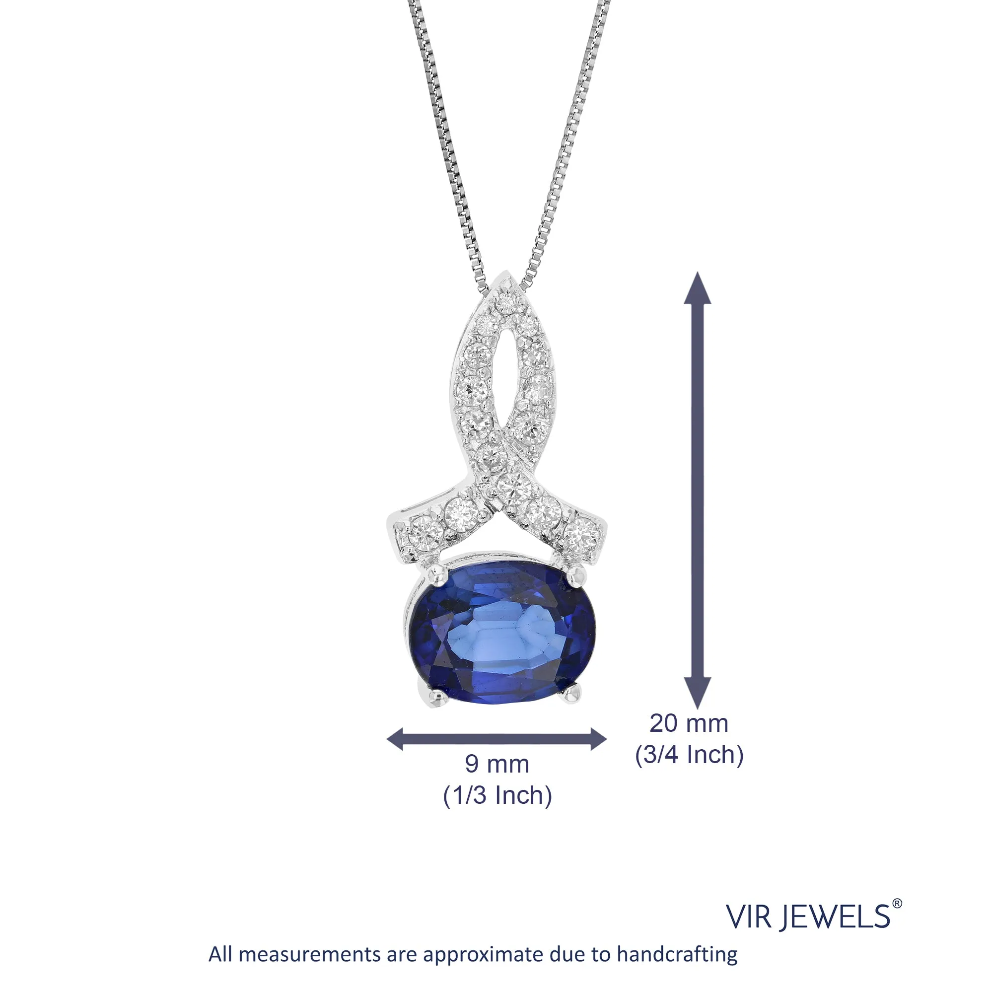 1.75 cttw Pendant Necklace, Created Sapphire Oval Pendant Necklace for Women in .925 Sterling Silver with Rhodium, 18 Inch Chain, Prong Setting