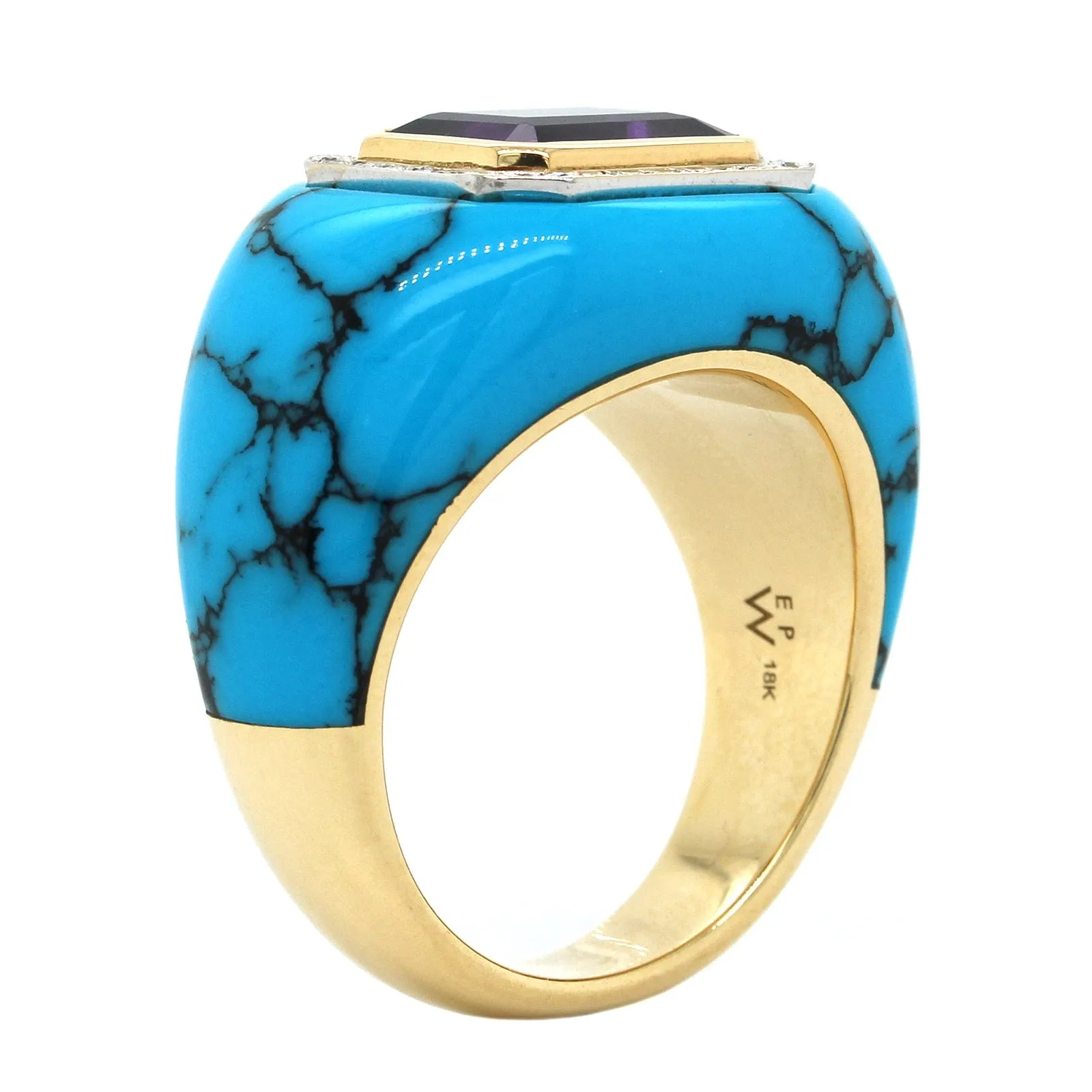 18K Yellow Gold Turquoise and Amethyst Chubby Ring