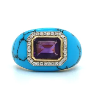 18K Yellow Gold Turquoise and Amethyst Chubby Ring