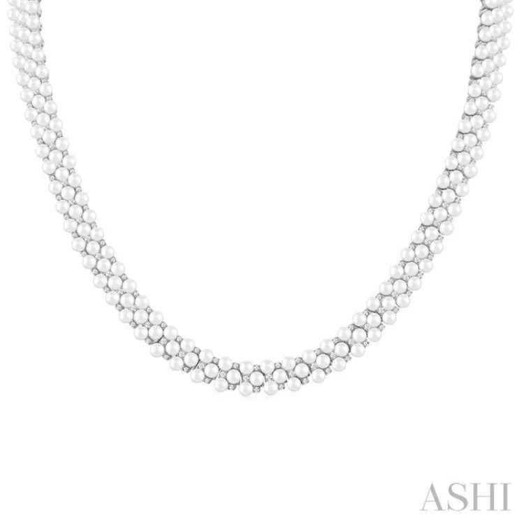 2 1/5 Ctw Triple Row 3 MM Cultured Pearl and Round Cut Diamond Fashion Necklace in 14K White Gold