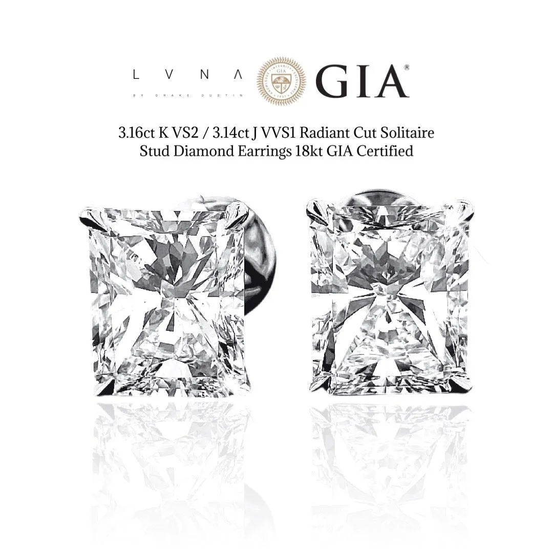 3.16ct K VS2 / 3.14ct J VVS1 Radiant Cut Solitaire Stud Diamond Earrings 18kt GIA Certified