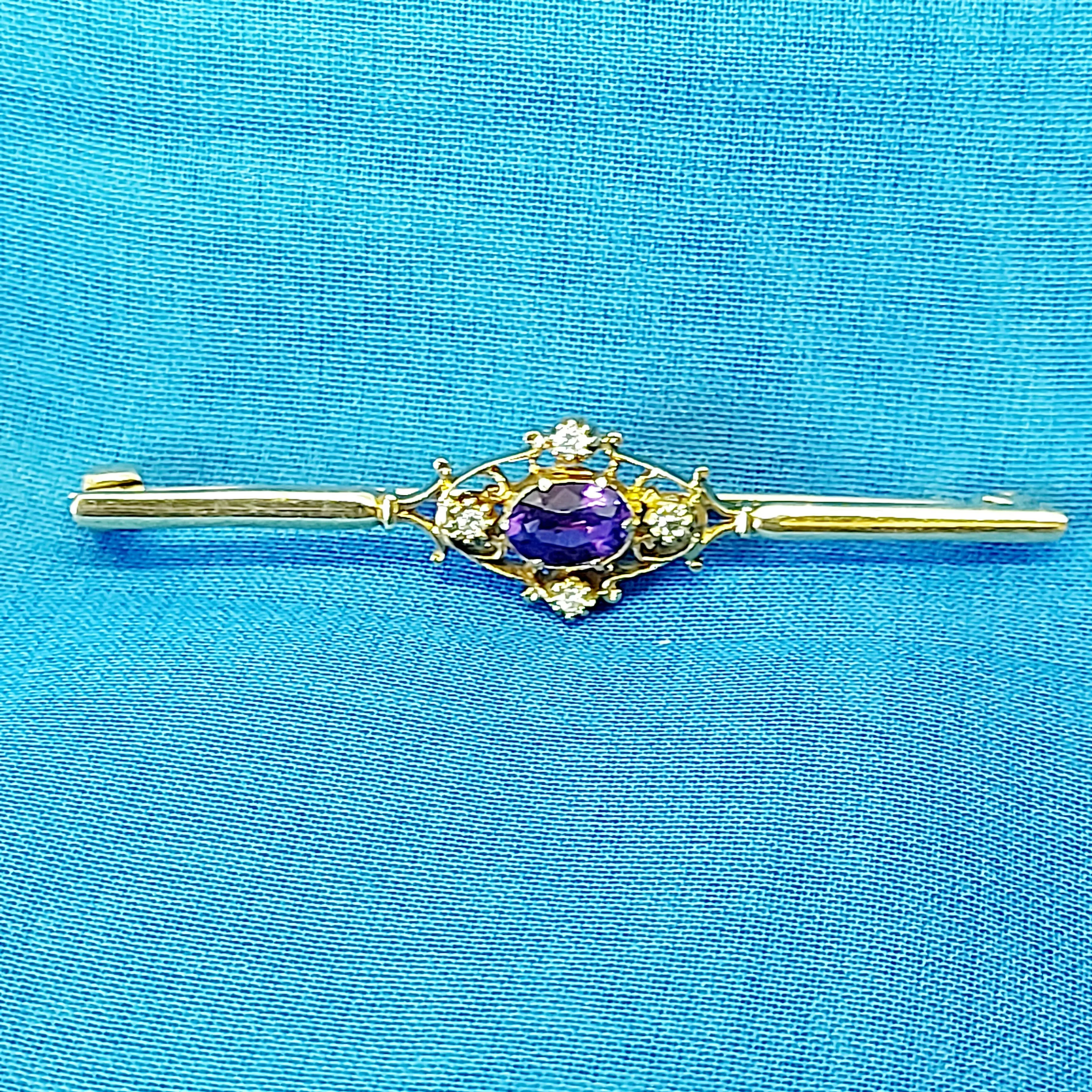 9ct Gold, Amethyst & Diamond Bar Brooch