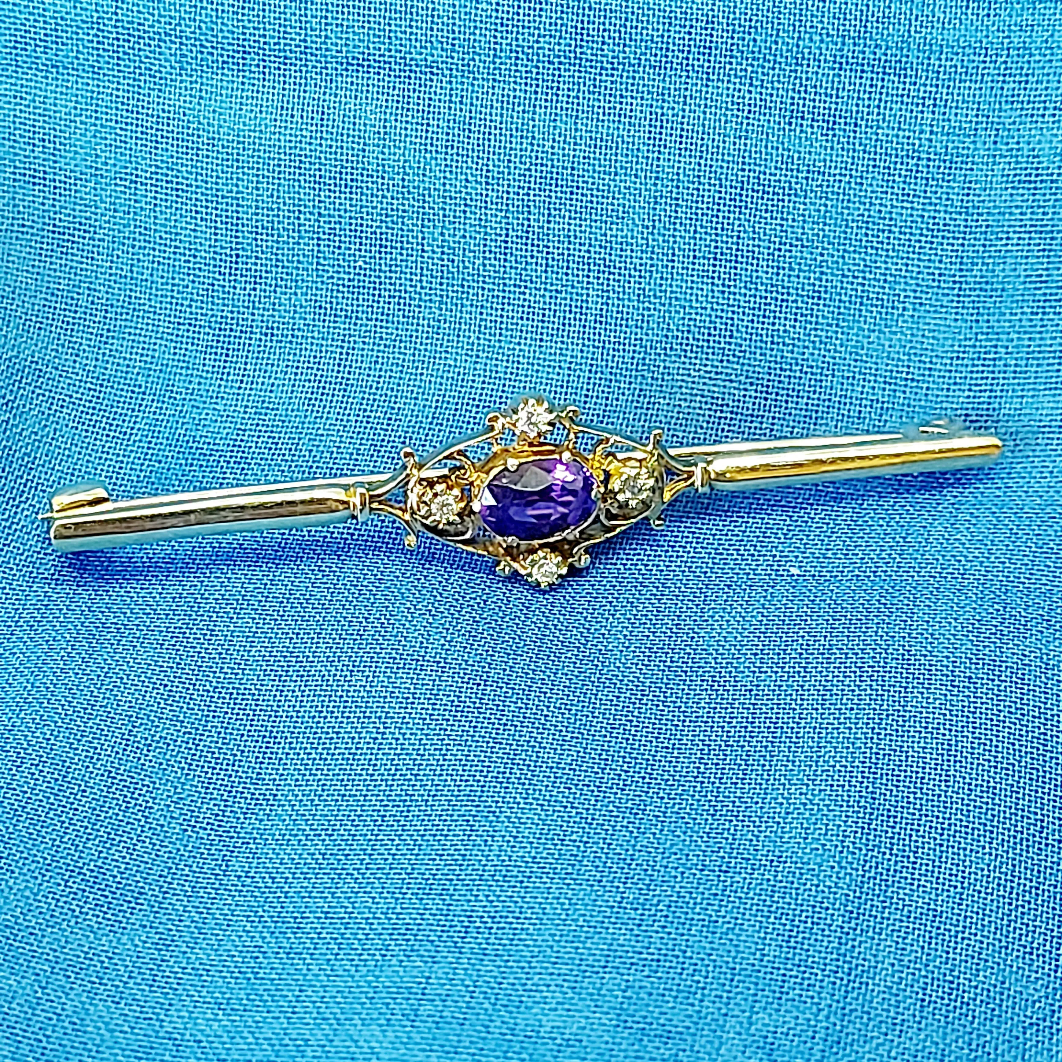 9ct Gold, Amethyst & Diamond Bar Brooch