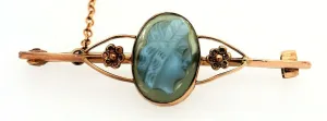 9ct Yellow Gold Blue Agate Cameo Brooch with Safety Chain & Pin