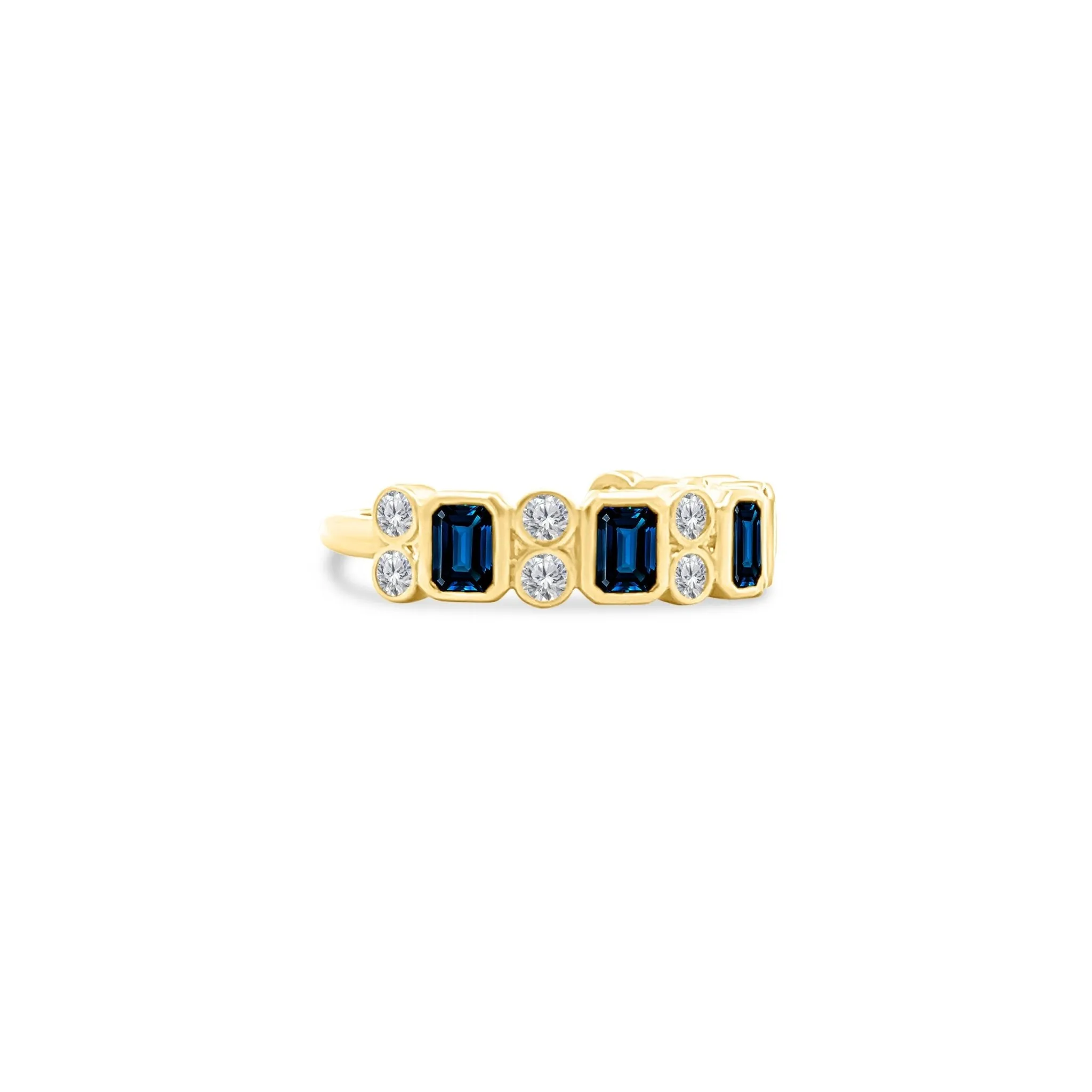 Alternating Emerald Cut Blue Sapphire & Double Diamond Bezel Band