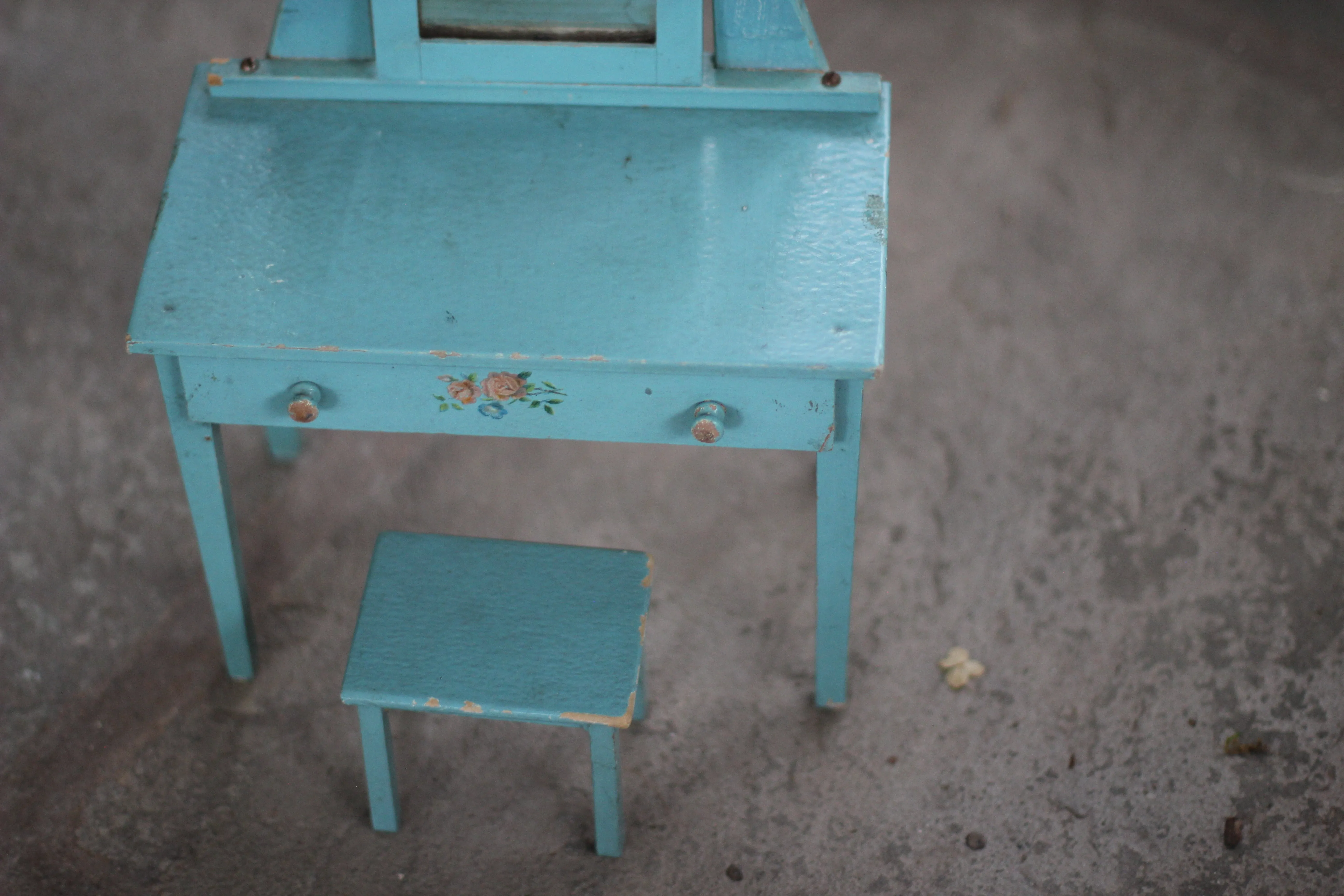 Antique Miniature Floral Blue Dresser