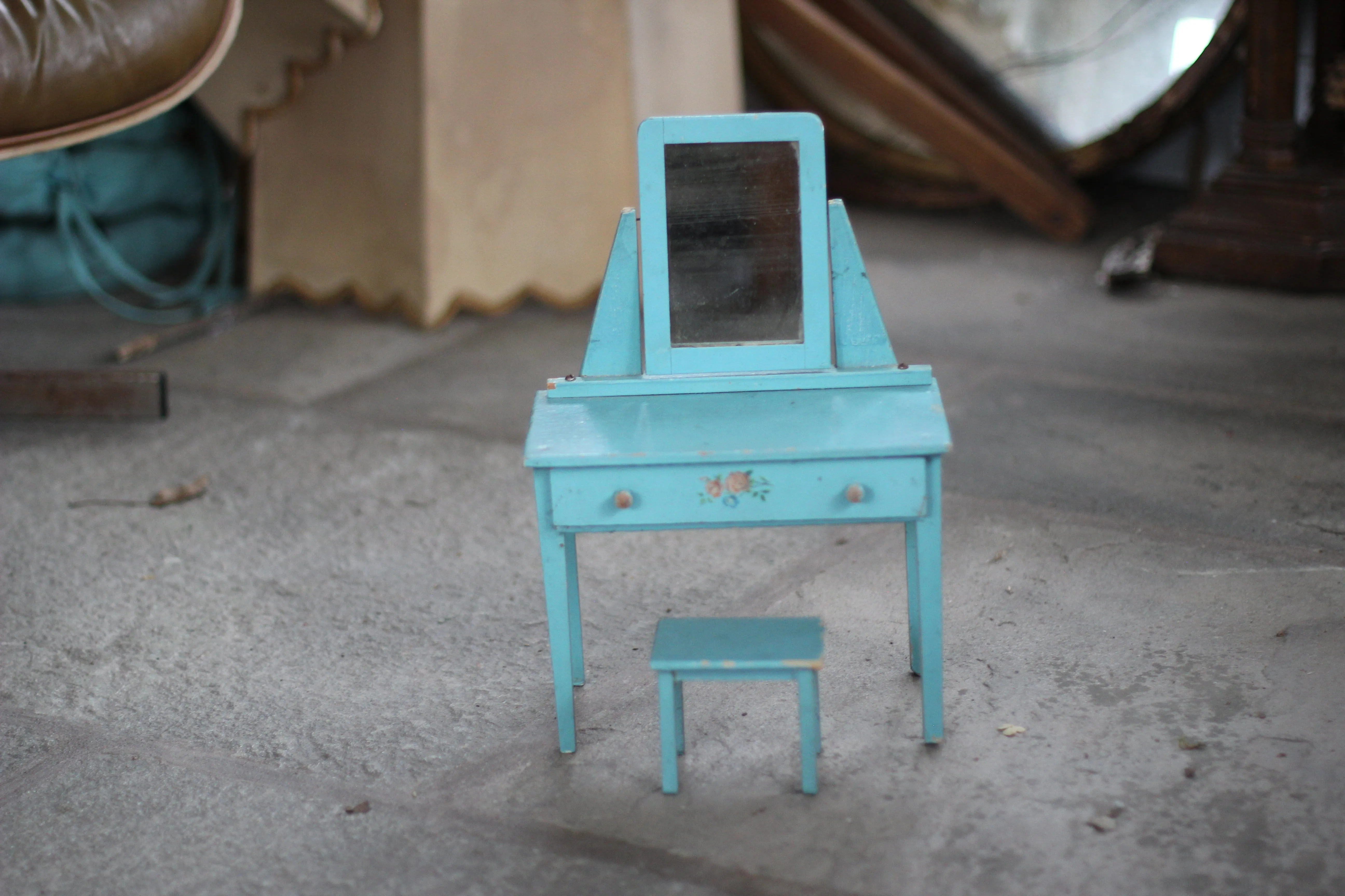 Antique Miniature Floral Blue Dresser