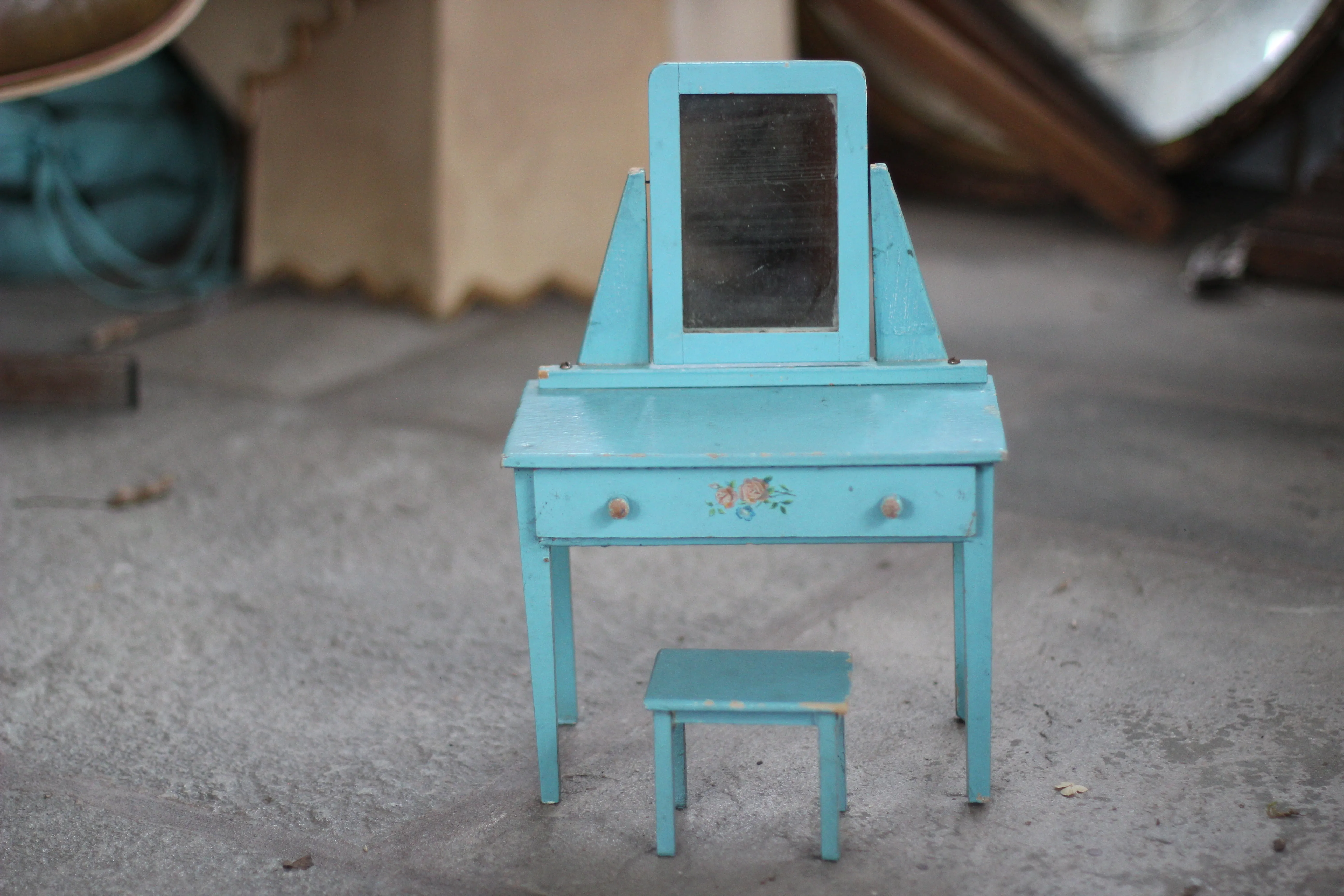 Antique Miniature Floral Blue Dresser