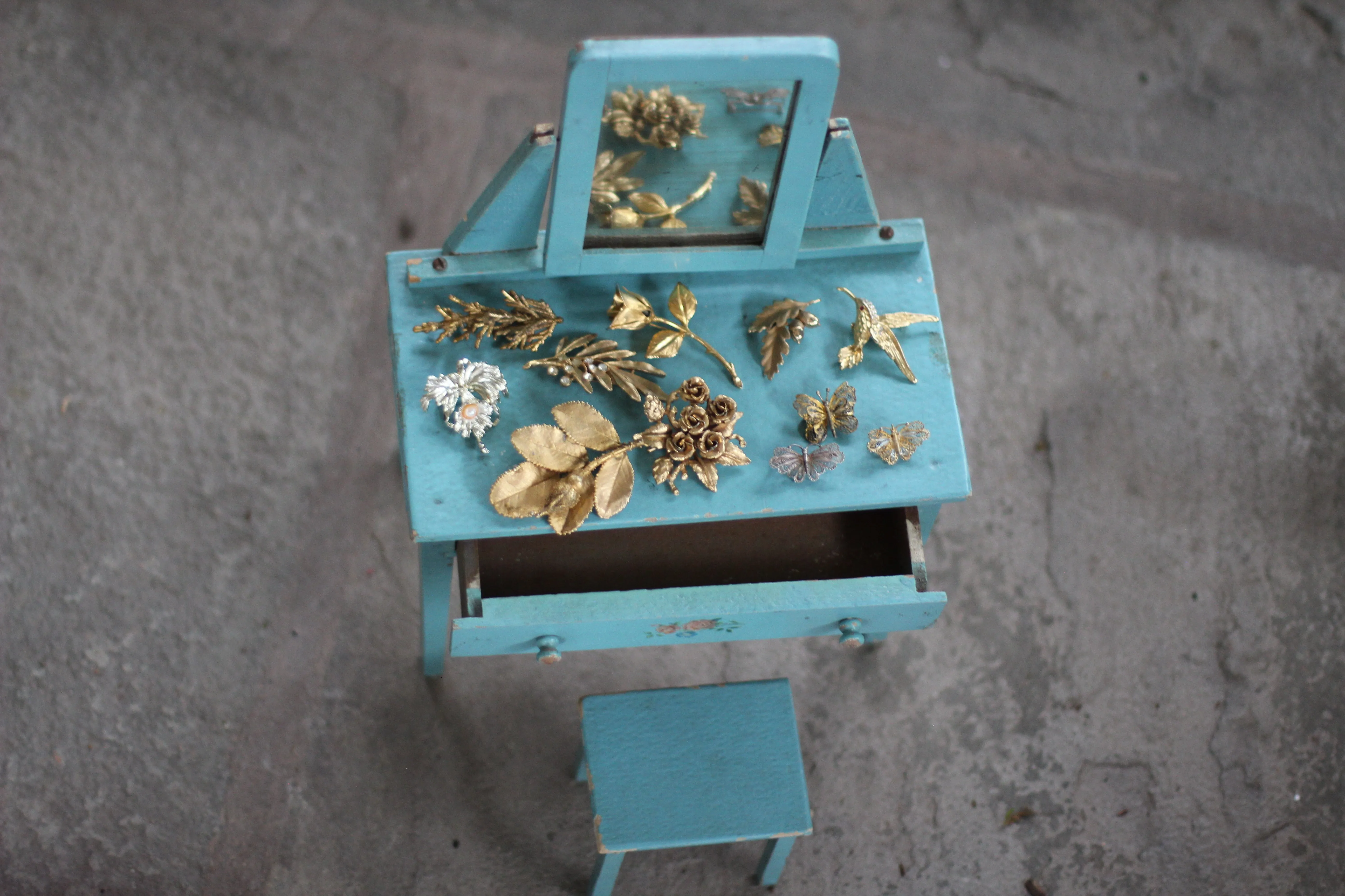 Antique Miniature Floral Blue Dresser