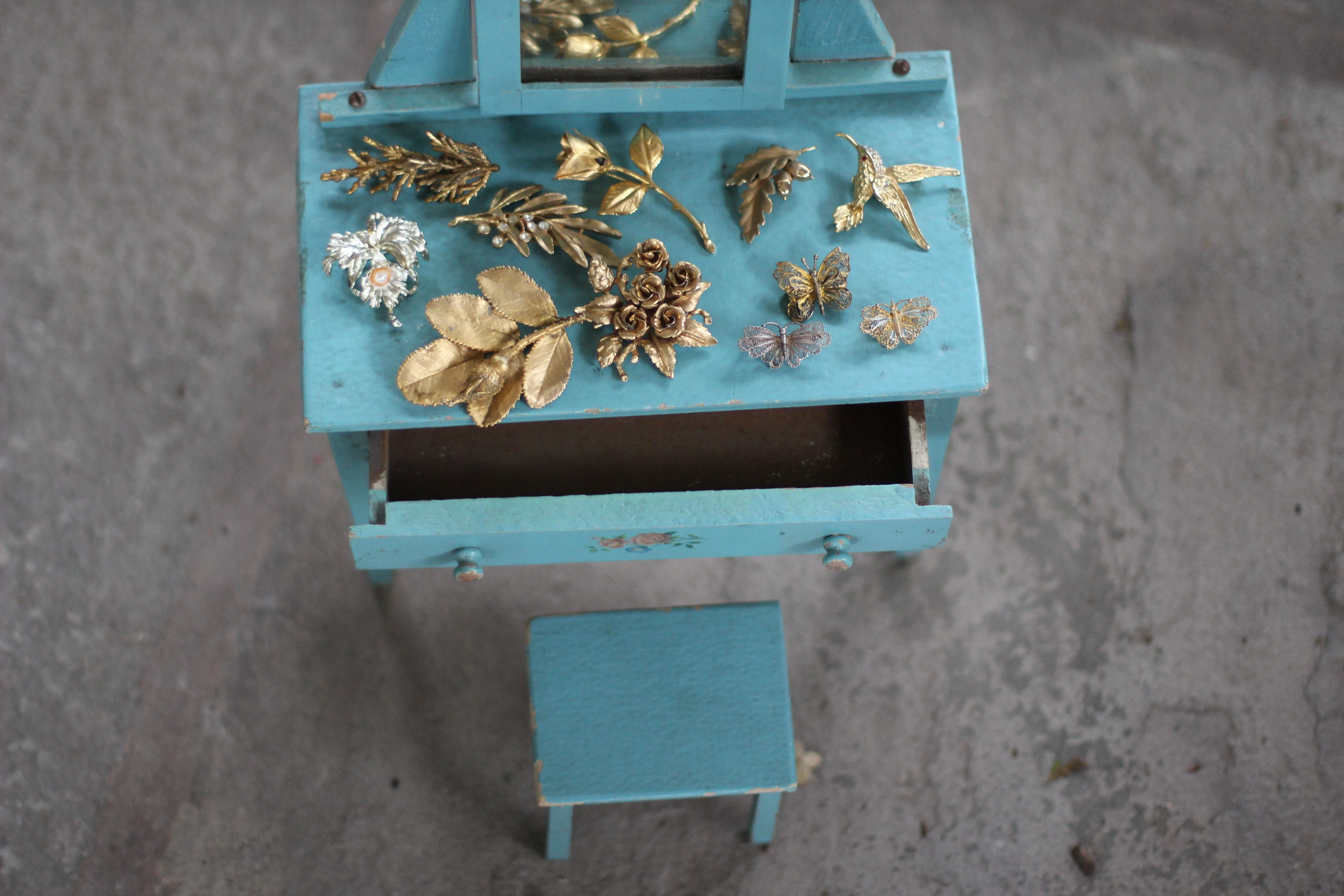 Antique Miniature Floral Blue Dresser