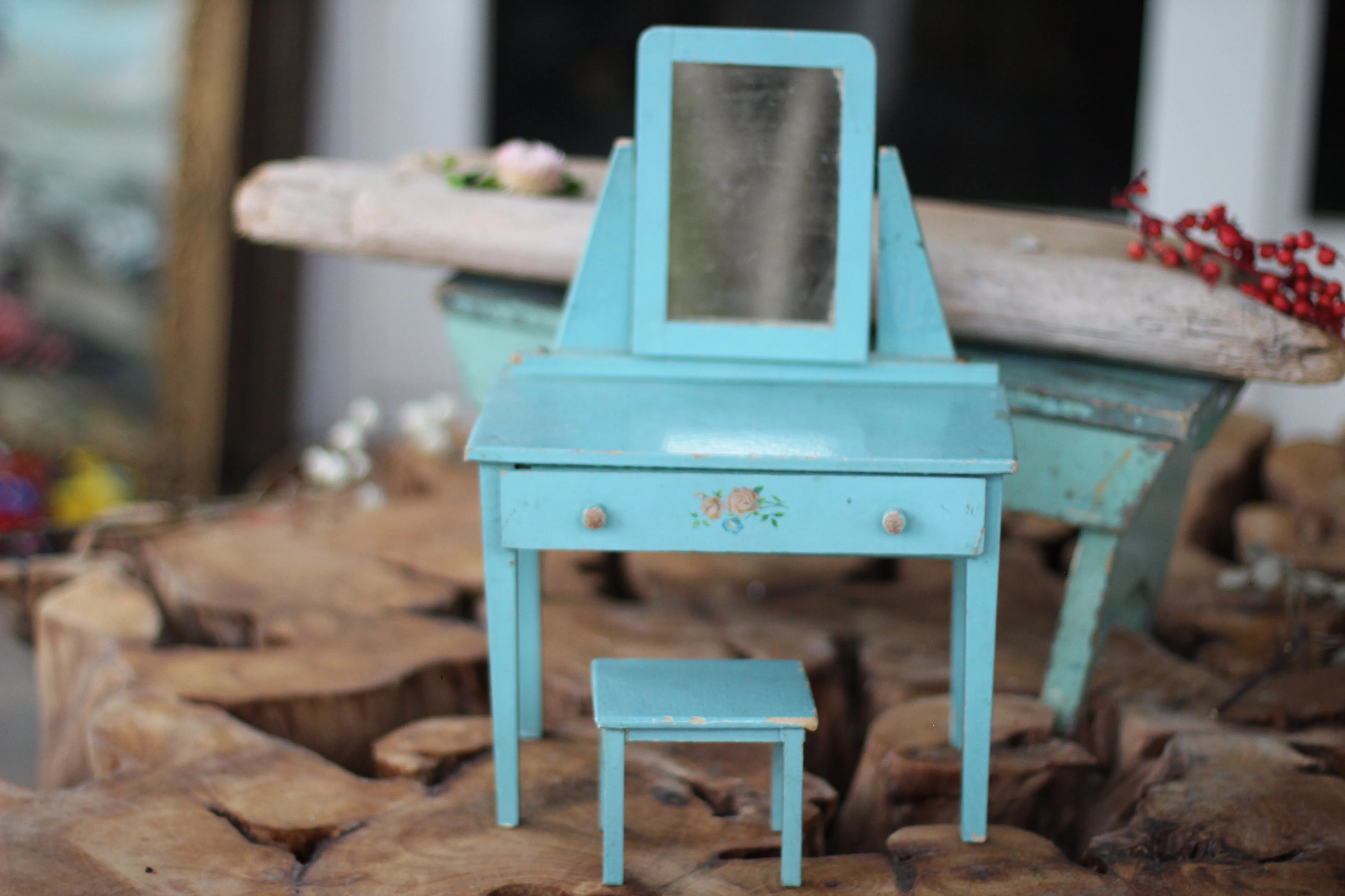 Antique Miniature Floral Blue Dresser