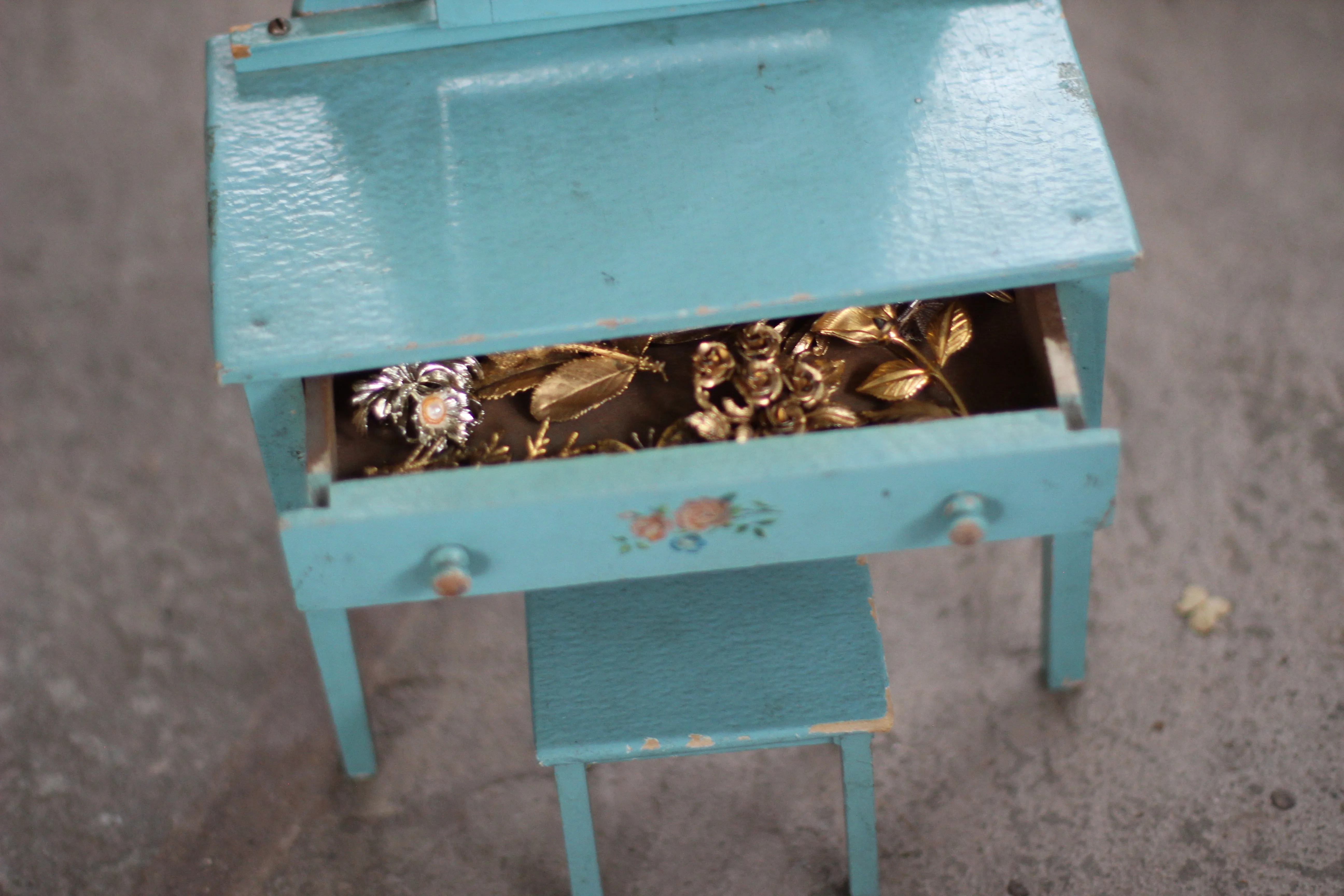 Antique Miniature Floral Blue Dresser