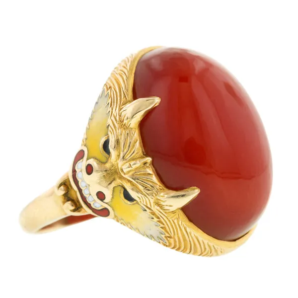 Art Deco Carnelian Enamel Dragon Ring